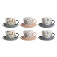 Set van Kopje met Schotel DKD Home Decor Blauw Grijs Multicolour Licht Roze Porselein 90 ml 11 x 11 x 2 cm (3 Stuks)