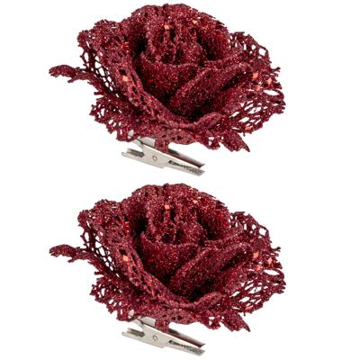 Kerstboomversiering Bloemen - 4x - 10 cm - rood glitter - op clip - ornament - roos