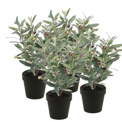 Kunstplant olijfboompje - 4x - groen - in zwarte pot - 35 cm