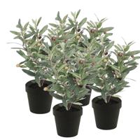 Kunstplant olijfboompje - 4x - groen - in zwarte pot - 35 cm