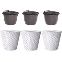 Set van 3x kunststof Matuba rotan bloempotten/plantenpotten wit 19 liter met binnenpot 11 liter