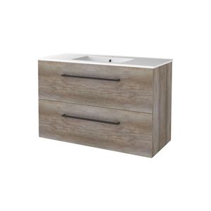 Badmeubelset BWS Salt 100x46cm Met Grepen 2 Lades Met Wastafel 1 Kraangat Scotch Oak