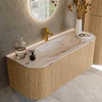 Badmeubel Mondiaz Kurve-Dlux | 120 cm | Meubelkleur Oak | Wastafelkleur Nata | Solid surface | Wasbak midden spoelbak | 1 kraangat