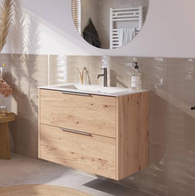 Saqu Lima voorgemonteerd badmeubel met rvs greep incl. keramische wastafel 81x46cm naturel eiken