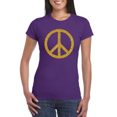 Paars Flower Power t-shirt - met gouden glitter peace teken - dames - korte mouw