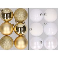 12x stuks kunststof kerstballen mix van goud en wit 8 cm