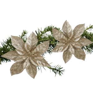 Kerstboom bloemen op clip - 2x stuks - champagne - 15 cm - polystyreen - kerstornamenten