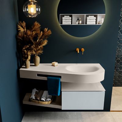 MONDIAZ RIVA 120cm badmeubel onderkast / planchet kleur Clay met 1 lade. Wastafel DULCET rechts 0 kraangaten kleur Linen.