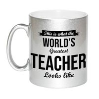 Worlds Greatest Teacher cadeau mok / beker voor juf / meester zilverglanzend 330 ml - feest mokken - thumbnail