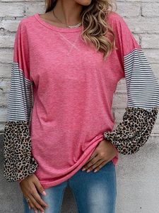 Striped Leopard Color Block Long Sleeve Crew Neck Casual Tunic T-Shirt