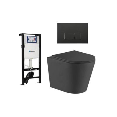 QeramiQ Dely Toiletset - 36.3x51.7cm - diepspoel - rimless - Inbouwreservoir met Geberit UP320 spoelmechanisme - softclose toiletzitting - mat zwarte bedieningsplaat - rechtehoekige knoppen - zwart mat SW1026253/SW1381697/SW706193/SW1000768