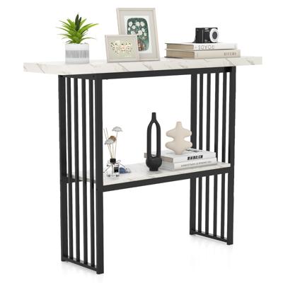 2 Niveaus Console Tafel met Marmerlook Smalle Bijzettafel Hal Tafel Zwart + Wit