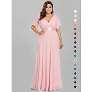 A-lijn bruiloftsgastjurk met ruches zomerjurk plus-size formele avondjurk v-hals korte mouwen tot de grond chiffon met plooien 2024 Lightinthebox