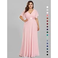 A-lijn bruiloftsgastjurk met ruches zomerjurk plus-size formele avondjurk v-hals korte mouwen tot de grond chiffon met plooien 2024 Lightinthebox - thumbnail