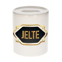 Naam cadeau spaarpot Jelte met gouden embleem