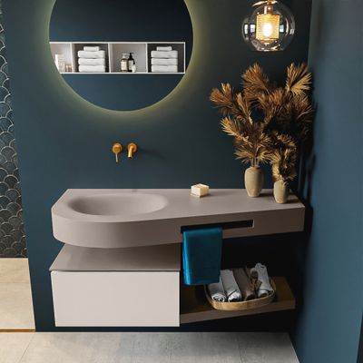 MONDIAZ RIVA 120cm badmeubel onderkast / planchet kleur Linen met 1 lade. Wastafel DULCET links 0 kraangaten kleur Smoke. MONDIAZ RIVA 120cm badmeubel onderkast / planchet kleur Linen met 1 lade. Wastafel DULCET links 0 kraangaten kleur Smoke.