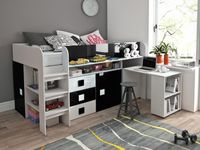 Samengesteld bed TOLISSO 90x200 cm wit/hoogglans zwart met bureau aan rechterzijde