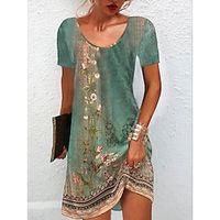 Dames Bloemig Tribal Afdrukken Strakke ronde hals Mini-jurk Etnisch Dagelijks Korte mouw Zomer Lente Lightinthebox - thumbnail