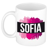 Naam cadeau mok / beker Sofia met roze verfstrepen 300 ml - thumbnail