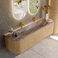 Badmeubel Mondiaz Kurve-Dlux | 170 cm | Meubelkleur Oak | Wastafelkleur Oza | Solid surface | Wasbak midden spoelbak | 2 kraangaten