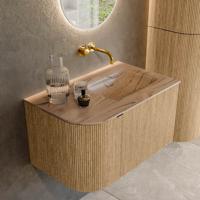 Badmeubel Mondiaz Kurve-Dlux | 75 cm | Meubelkleur Oak | Wastafelkleur Arena | Solid surface | Wasbak rechter zijde spoelbak | Zonder kraangat(en)