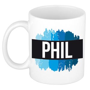 Naam cadeau mok / beker Phil met blauwe verfstrepen 300 ml   -