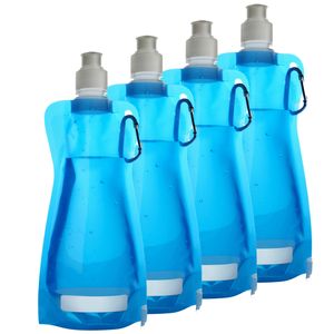 Waterfles/drinkfles opvouwbaar - 10x - lichtblauw - kunststof - 420 ml - schroefdop - karabijnhaak