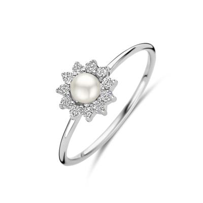 Gerhodineerde 925 Zilveren Ring met Zoetwaterparel en Zirkonia - 8 mm Breed