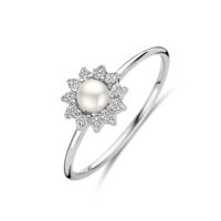 Gerhodineerde 925 Zilveren Ring met Zoetwaterparel en Zirkonia - 8 mm Breed