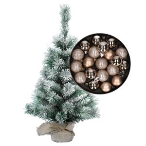Besneeuwde mini kerstboom/kunst kerstboom 35 cm met kerstballen champagne   -