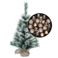 Besneeuwde mini kerstboom/kunst kerstboom 35 cm met kerstballen champagne   -