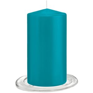 Trend Candles - Stompkaarsen met glazen onderzetters set van 2x stuks - turquoise blauw 8 x 15 cm