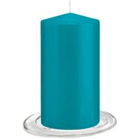 Trend Candles - Stompkaarsen met glazen onderzetters set van 2x stuks - turquoise blauw 8 x 15 cm