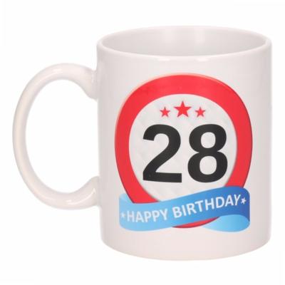 28 jaar Verjaardag koffiemok - cadeau beker - stopbord print - 300 ml - keramiek - wit
