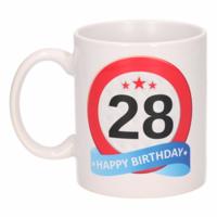 28 jaar Verjaardag koffiemok - cadeau beker - stopbord print - 300 ml - keramiek - wit