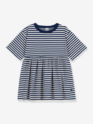 Gestreepte kinderjurk met 3/4-mouwen van katoen PETIT BATEAU blauw