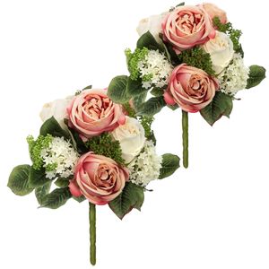 Atmosphera kunstbloemen 2x boeketten wit/roze rozen 35 cm