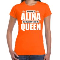 Naam cadeau t-shirt my name is Alina - but you can call me Queen oranje voor dames