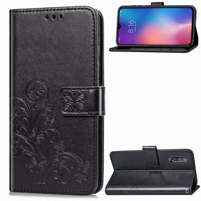 Lucky Clover ingedrukt bloemen patroon lederen draagtas voor Xiaomi mi 9 met houder & kaartsleuven & portemonnee & hand strap (zwart)