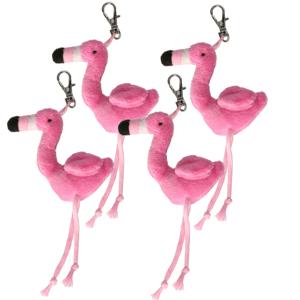 Knuffeldier Flamingo vogel sleutelhanger - 4x - pluche knuffeltjes - roze - 6 cm