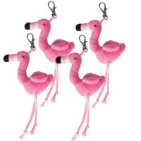 Knuffeldier Flamingo vogel sleutelhanger - 4x - pluche knuffeltjes - roze - 6 cm