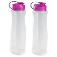 Plasticforte waterfles - 2x stuks - 1000 ml - transparant met dop roze - drinkfles - sport