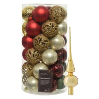 Kunststof kerstballen 37x st - rood/goud/parel/groen - 6 cm - met glazen piek - thumbnail