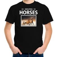 Bruin paarden t-shirt met dieren foto amazing horses zwart voor kinderen XL (158-164)  -