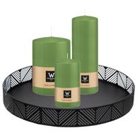 Cilinderkaarsen stompkaarsen - set van 3x - op dienblad - groen - 6 x 12 - 10x15 - 7x20 cm