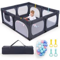 Grote Babybox met 50 Oceaanballen en 4 Handringen Kruipruimte met Ademend Net Box voor Peuters 189 x 158 x 68 cm (Donkergrijs)