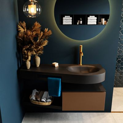 MONDIAZ RIVA 120cm badmeubel onderkast / planchet kleur Rust met 1 lade. Wastafel DULCET rechts 1 kraangat kleur Urban. MONDIAZ RIVA 120cm badmeubel onderkast / planchet kleur Rust met 1 lade. Wastafel DULCET rechts 1 kraangat kleur Urban.