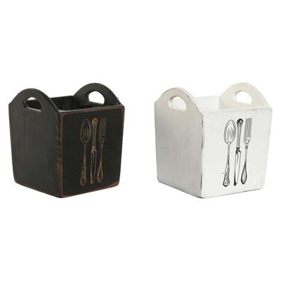 Bestekmand Home ESPRIT Wit Zwart Sparrenhout 15 x 15 x 18 cm