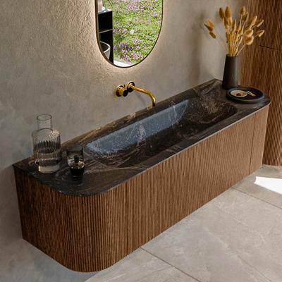 Mondiaz KURVE-DLUX 150 cm Onderkast Greeploos 1 Lade Met Deuren Walnut, Wastafel Solid Surface Midden Lava 0 Kraangaten Zonder Spiegel (KRVBGM150L+R1L2D0KM-Wal/Lav)
