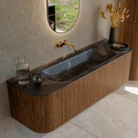 Mondiaz KURVE-DLUX 150 cm Onderkast Greeploos 1 Lade Met Deuren Walnut, Wastafel Solid Surface Midden Lava 0 Kraangaten Zonder Spiegel (KRVBGM150L+R1L2D0KM-Wal/Lav)
